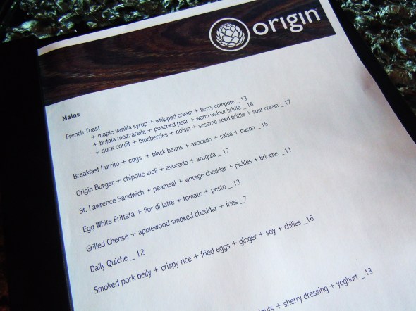 Origin Restaurant menu Toronto